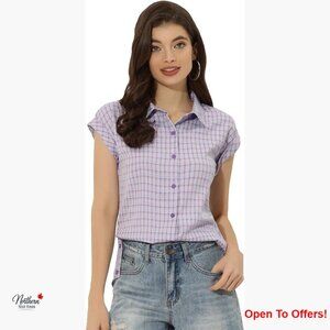 Summer Plaid Button Down Shirt with Cap Sleeves